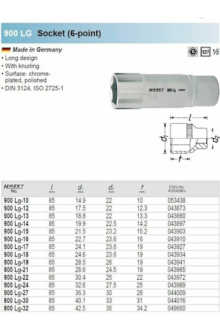 Alman Hazet 1/2" Lokma 6 Köşe Uzun Tip 30 Mm 900 Lg-30