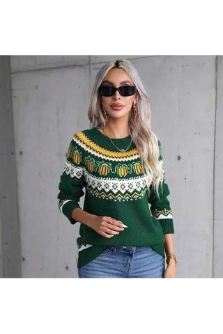 Tongxida Kış Kadın Cadılar Bayramı Kazak Büyük Beden Bisiklet Yaka Tatil Kazağı Yeşil Yeşil