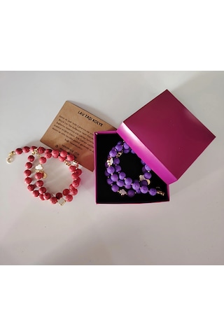 Luna Yonca Detaylı Lav Taşı Choker Doğal Taş Kolye Pembe