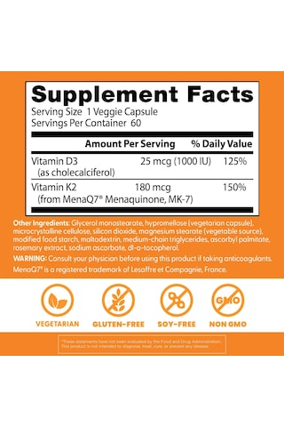 Doctor's Best Natural K2 Mk-7 Plus D3 Vitamin Bone Health Gluten