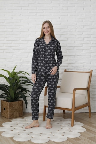 Fames Pijama Uzunkol Düğmeli Penye Pijama Takimi Kalpli Beyaz