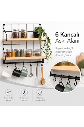 Tr Mutfak Rafı - 2 Katlı Baharatlık Ve 6'li Kupa Askısı - Duvar Tipi Metal Ahşap Mutfak Düzenleyici - 40x30x10 Cm Diğer