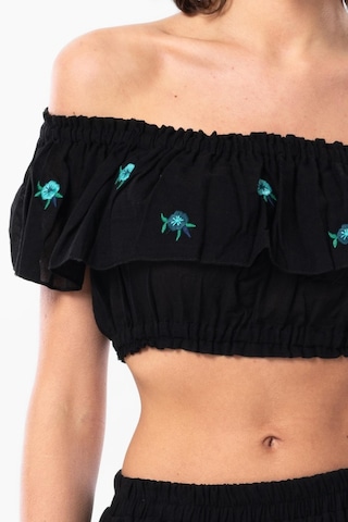 Eliş Şile Bezi Lavinya Vual Lastik Detaylı Nakışlı Yazlık Crop Bluz Siyah Syh-siyah Siyah