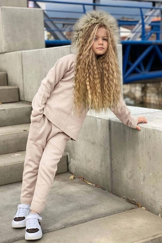 Riccotarz Kız Çocuk Yakası Çıkarılabilir Kürklü Kazak Çift Cepli Triko Ekru Alt Üst Takım Ekru