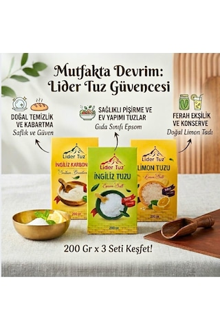 Tuz 3 Lü Set İngiliz Karbonatı 200 Gr + İngiliz Tuzu Epsom 200 Gr + Limon Tuzu 200 Gr