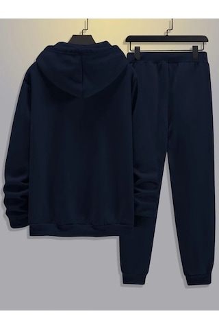 Paris Çizgili Eşofman Takımı Sweatshirt Jogger - Lacivert Baskılı Oversize Şardonlu Kapüşonlu Lacivert