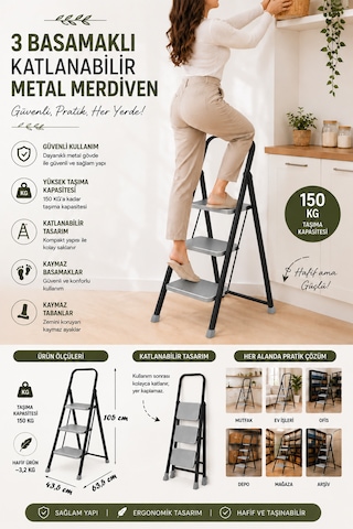 Perilla Class 3 Basamaklı Kaymaz Tabanlı Katlanır Metal Merdiven - Ekstra Güçlü 3 Basamak