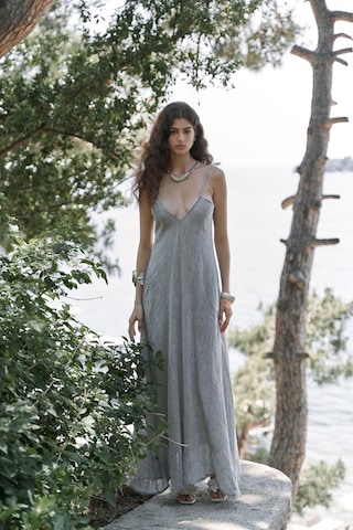 Mai Collection Mai Studios Co. Cinas Askılı Uzun Füme Keten Elbise Füme