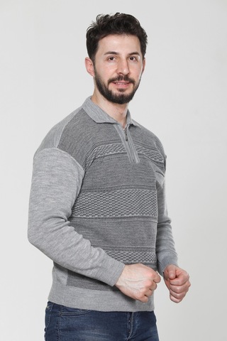 Kzc Tekstil Erkek Baba Orta Yaş Ve Üzeri Triko Örgü Akrilik Kışlık Regular Fit Cepli Fermuarlı Polo Yaka Kazak Açık Gri