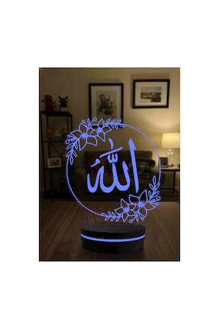 Allah Ve Vav Temalı 3d Dekoratif Led Gece Lambası - Çiçekli Modern Hat Sanatı - İslami Hediye