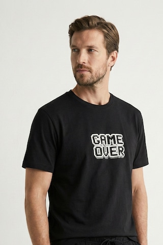 Elemge %100 Pamuk Pijama Üstü T-shirt Süprem Compact Penye Erkek Rahat Kalıp Siyah Kısa Kol Game Over Baskı