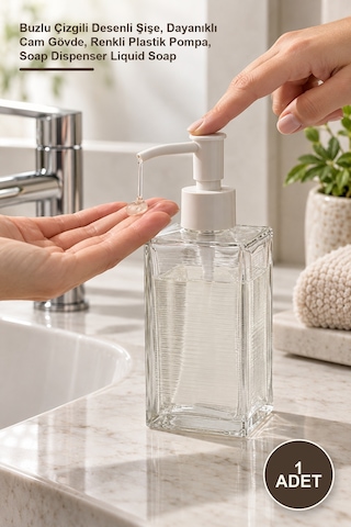 1 Adet Cam Sıvı Sabunluk Buzlu Çizgili Desenli Şişe, Dayanıklı Cam Gövde, Renkli Plastik Pompa, Soap Dispenser Liquid Soap Diğer