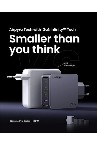 Ontech - Ugreen Nexode Pro 160w Gan Hızlı Şarj Cihazı 100w Kablolu Type-c Qc Pd 3xusb-c 1xusb-a Gri -