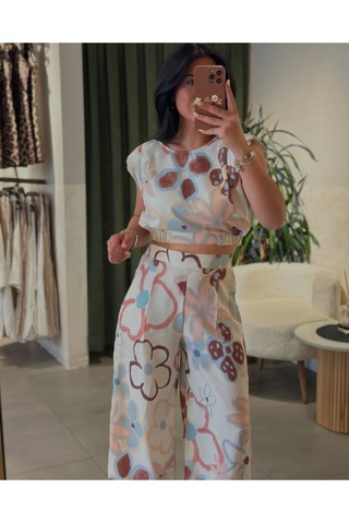 Büyük Pastel Çiçekli Vatkalı 80ler Lastikli Pantolon Crop Keten Yazlık İkili Takım Krem