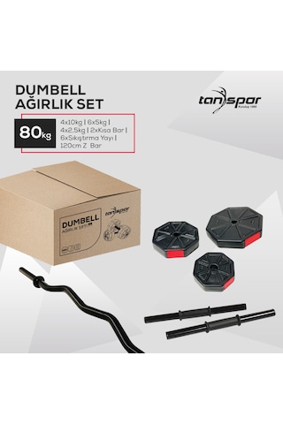 Tan Spor 80 KG Dambıl Halter Kısa Bar + Düz Bar Seti Kırmızı Kapaklı 150 CM