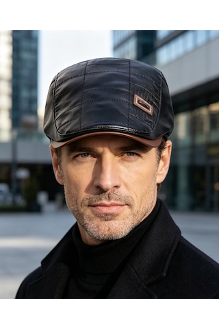 Erkek Suni Deri Gözlük Şapkası Kare Dikiş Detaylı Ayarlanabilir Flat Cap 3 Renk Siyah