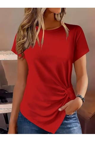 Efnaz Style Kadın Kısa Kollu Bisiklet Yaka Asimetrik Kesim Detaylı Viskon Bluz Kırmızı