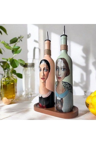 Kadın Desenli 750 Ml Zeytinyağı Sıvıyağ Şişesi Yağdanlık Yağlık Sirkelik Sosluk 2'li Set 56889110 Çok Renkli