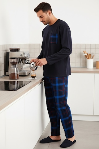 Buratti Ekoseli Cepli Beli Lastikli % 100 Pamuk Regular Fit Erkek Pijama Takımı 6572001 Lacivert-Saks