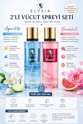 Elysıa Aqua Kiss & Bomshell Vücut Spreyi Seti 2x250 Ml 500 Ml Çiçeksi Meyvemsi Kadın Parfüm Mist