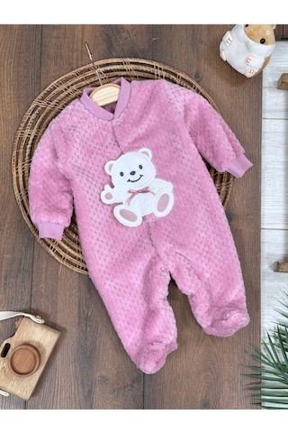 101 Dalmaçyalı Peluş Ayıcık Nakışlı Patikli Çıtçıtlı Kışlık Erkek Bebek Tulum Gül Kurusu