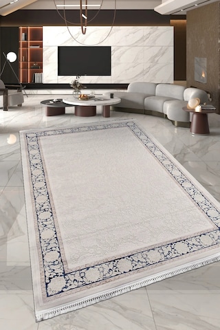 Asena Modern Salon Oturma Odası Halısı Krem Lacivert Robot Süpürge Uyumlu Kolay Temizlenebilir Polyester Polip Dokuma Halı Krem / Lacivert