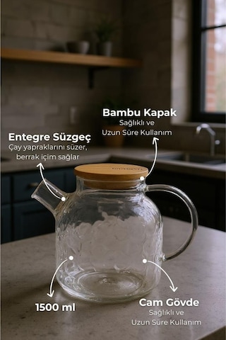 Bambum Juliet - Bambu Kapaklı Cam Demlik 1500ml Şeffaf