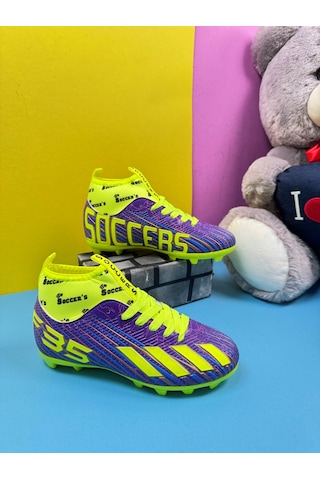 Erkek Çocuk Halısaha Kranpon Çoraplı Çivili Futbol Spor Ayakkabısı F35kr Mor-sarı