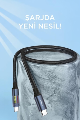 Torıma U21 Type-c To Type-c 60 W Kablosu Led Ekranlı Dayanıklı Örgü Hızlı Şarj Kablo Siyah