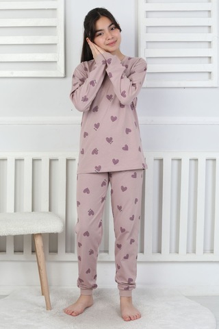 Lavanta Renkli Kalp Desenli Kız Çocuk Pijama Takımı Mor