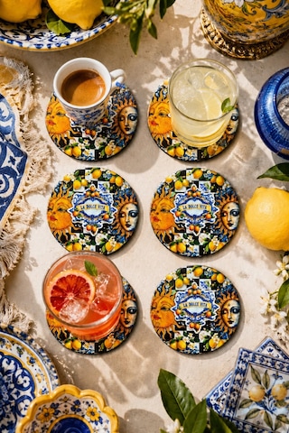 Sicilya Temalı Güneş Ay Figürlü Bardak Altlığı 6 Lı Set Çok Renkli