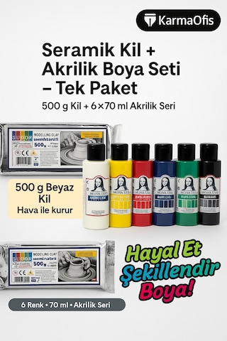 Seramik Kil 500 G + 6 70 Ml Akrilik Boya Modelleme Boyama Seti Akrilik