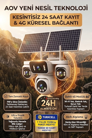 4 Kameralı Solar Panelli Güneş Enerjili Uzaktan Kontrol ,7/24 Aralıksız Kayıt, 2 Solar Panel,aı