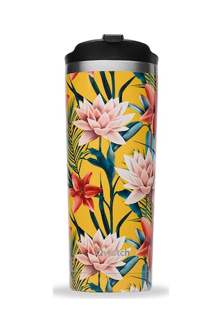 Qwetch QM6015 Tropik Çiçek Desenli Isı Yalıtımlı 470 ML Termos Mug- Sarı