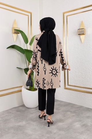 Hira Life Fashion Kadın Tesettür Giyim Ve Spor Giyime Uygun Düğme Detaylı Şık Desenli Dokuma Viskon Gömlek-tunik Bej Bej