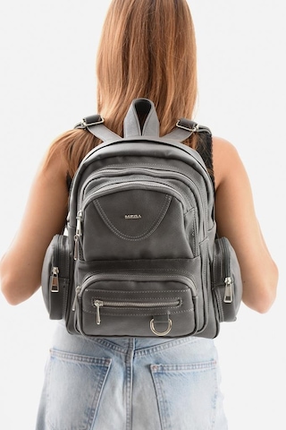 Baginn Suni Deri Kadın Sırt Çantası 38 28 Cm Mega Bag Günlük Kullanıma Uygun Çok Cepli İçi Astarlı Gri