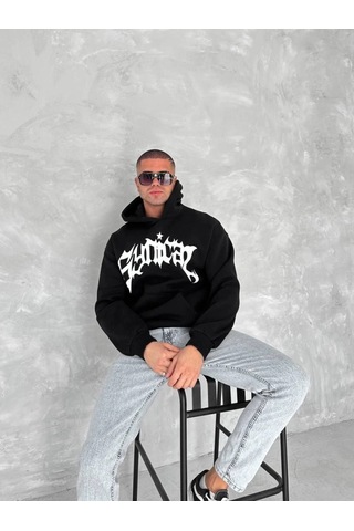 Valensdesign Unisex Üç İplik Kapşonlu Baskılı Sweatshirt - Siyah