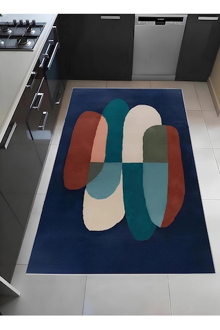 Lacivert Renkli Geometrik Desen Tasarım Modern Halı Dekoratif Kilim