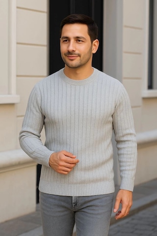 Barlashive Erkek Bisiklet Yaka Triko Kazak Pamuklu Kalın Fitilli Dokuma Regular Fit - Gri Çok Renkli