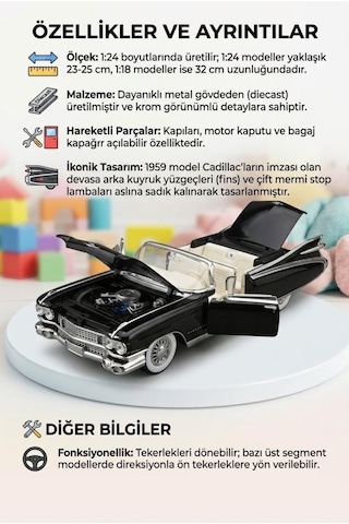 Hobiez World Orjinal 1:24 Lisanslı Cadillac Eldorado Kapısı Ve Kaputu Açılabilir Oyuncak Model Araba Siyah