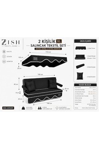 Altaleno 2 Kişilik 140 45 Cm Süngerli Bahçe Balkon Salıncak Minderi Yıkanabilir Kılıflı, Tenteli Keten Kumaş Tekstil Seti 24 Dns 8 Cm Orta Sert Sünger Antrasit