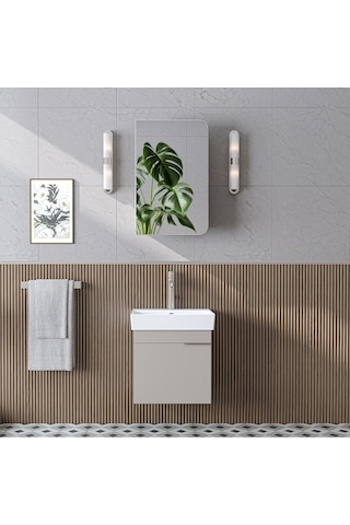 Likya Mdflam Tek Kapaklı Lavabolu 49 Cm Banyo Dolabı + Üst Dolabı, Mini Lavabolu Banyo Dolabı Takımı Kumtaşı