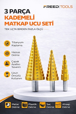 3 Parça Titanyum Kaplama Kademeli Matkap Ucu Metal Sac Delme