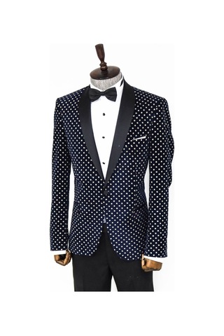 Wessi Nokta Desenli Slim Fit Lacivert Erkek Smokin Ceket Lacivert