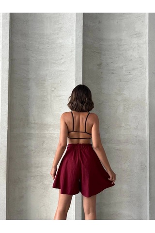 By Mop Volanlı Keten Şort Bordo S255058 Bordo