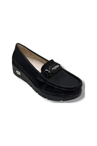 C-shoes Sl422-26 Baskı Kot Deri Zikzak Taşlı Toka Comfort Kadın Ayakkabı Siyah