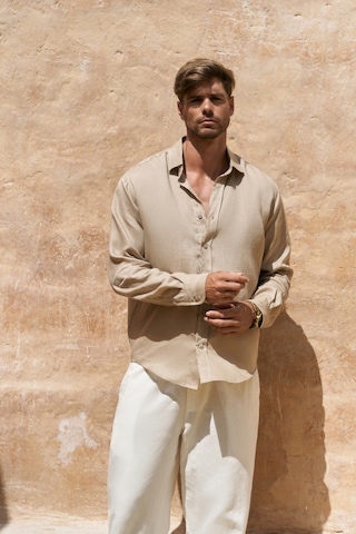Mai Collection Mai Studios Co. Agnola Oversize Erkek Bej Keten Gömlek Bej