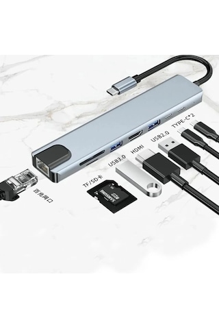 Miaxtreme 8 In 1 Usb Type-c Usb 2.0/3.0 Audio 3.5 Tf Sd Çevirici Adaptör Çok Portlu Çoklayıcı Usb Hub