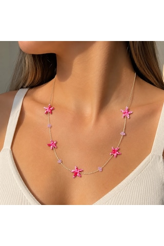 Premium Parlak Gold Renk Pembe Deniz Yıldızı Figürlü Boncuk Detaylı Zincir Kadın Bijuteri Kolye 45cm Altın