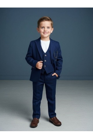 Zekids Erkek Çocuk Slim Fit 3 Lü Takım Elbise Ceket + Yelek + Pantolon -10333 Lacivert